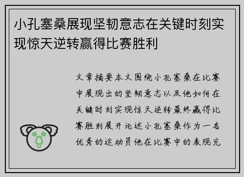小孔塞桑展现坚韧意志在关键时刻实现惊天逆转赢得比赛胜利